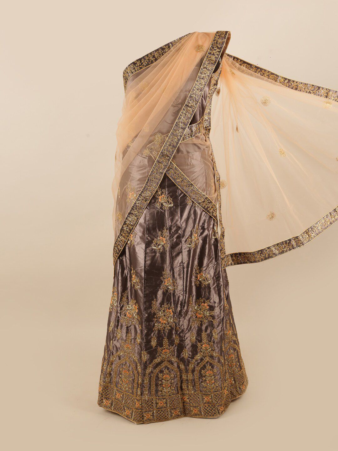 Pothys Peach-Coloured & Brown Embroidered Unstitched Lehenga & Blouse With Dupatta Price in India