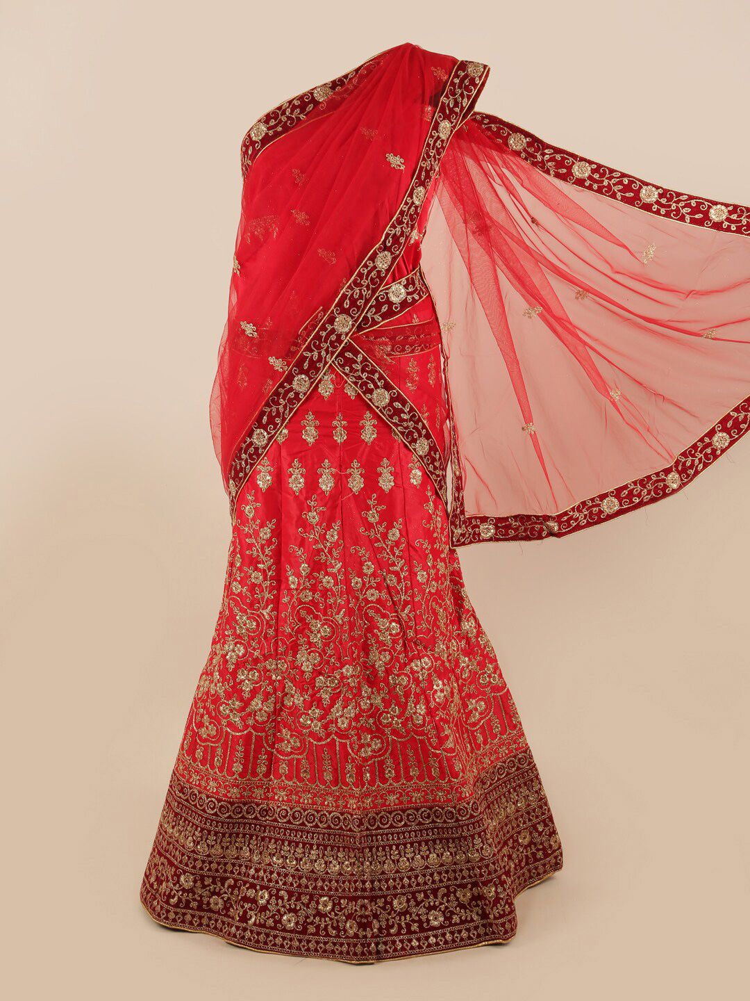 Pothys Red & Gold-Toned Embroidered Thread Work Unstitched Lehenga & Blouse With Dupatta Price in India