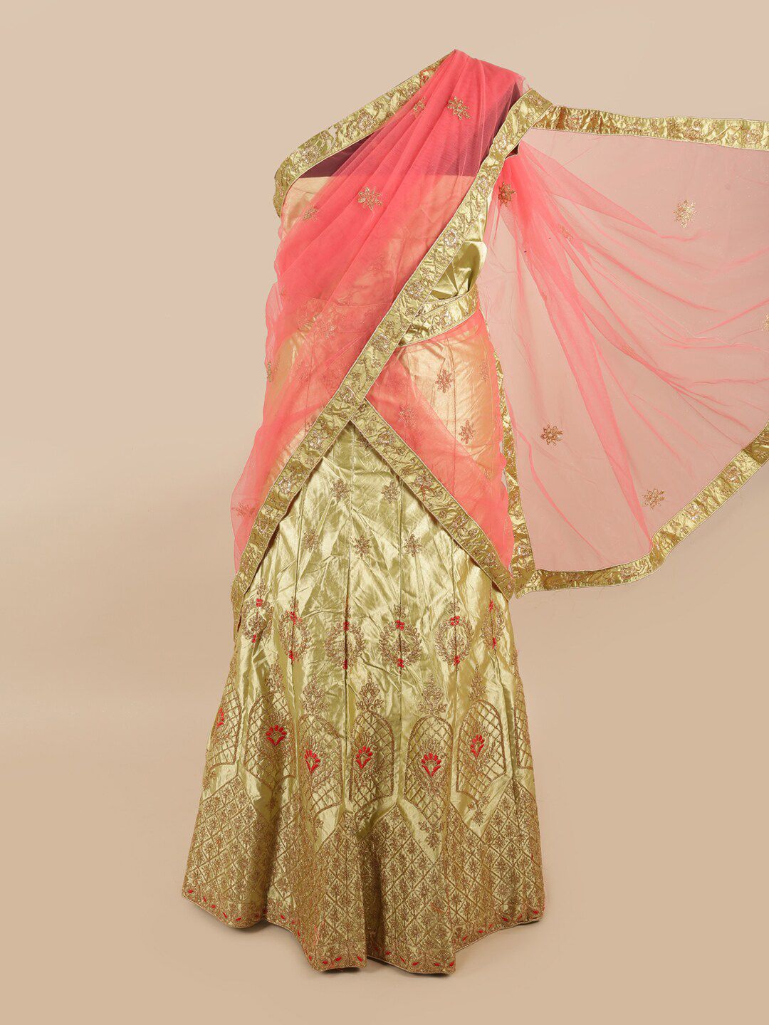 Pothys Pink & Gold-Toned Embellished Unstitched Lehenga & Blouse With Dupatta Price in India