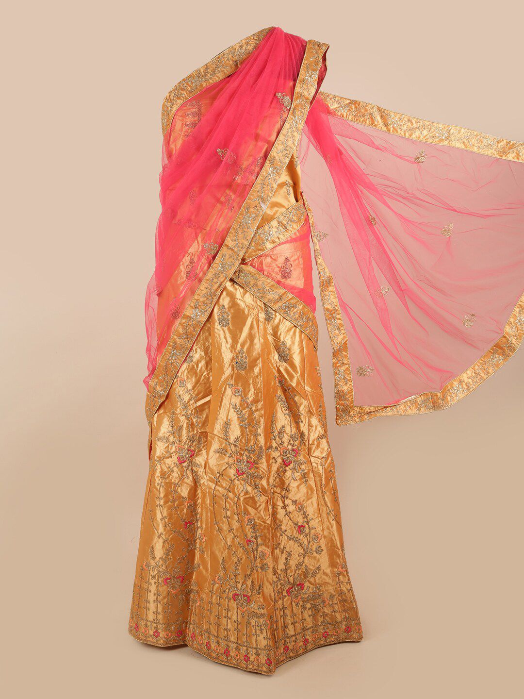 Pothys Women Pink & Gold Embroidered Unstitched Lehenga Choli With Dupatta Price in India