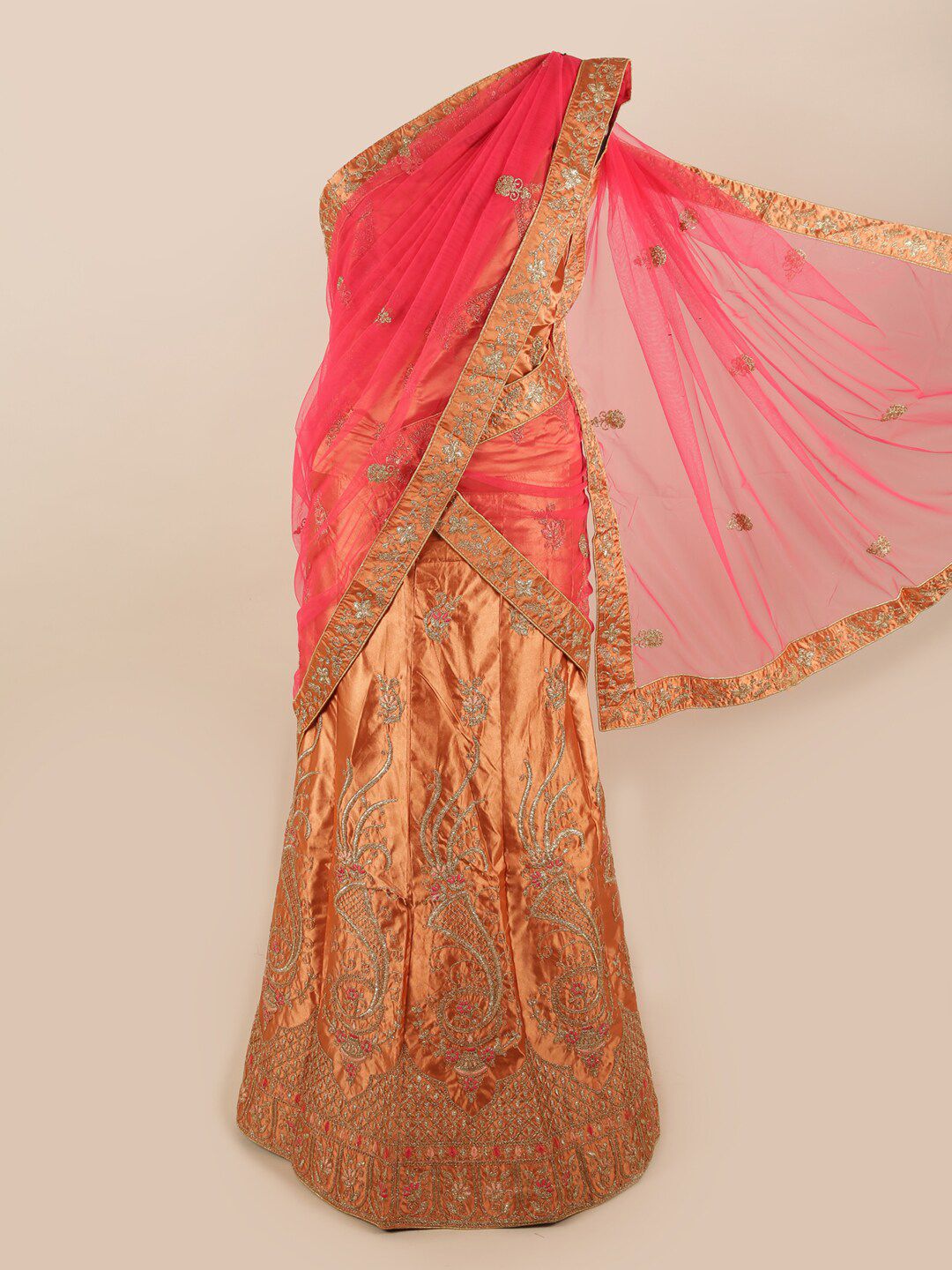 Pothys Pink & Rust Embroidered Unstitched Lehenga & Blouse With Dupatta Price in India