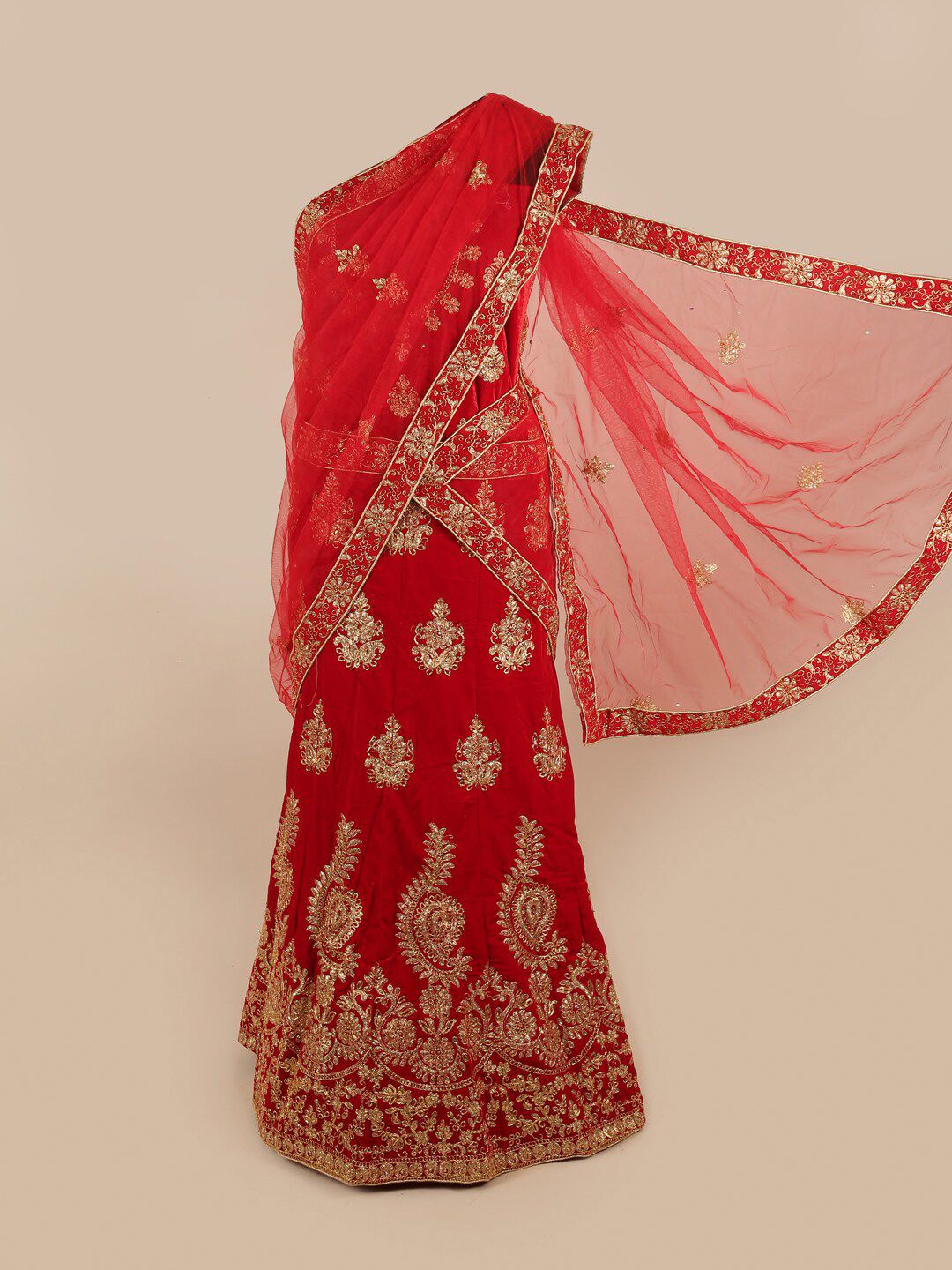 Pothys Red & Gold-Toned Embroidered Unstitched Lehenga & Blouse With Dupatta Price in India