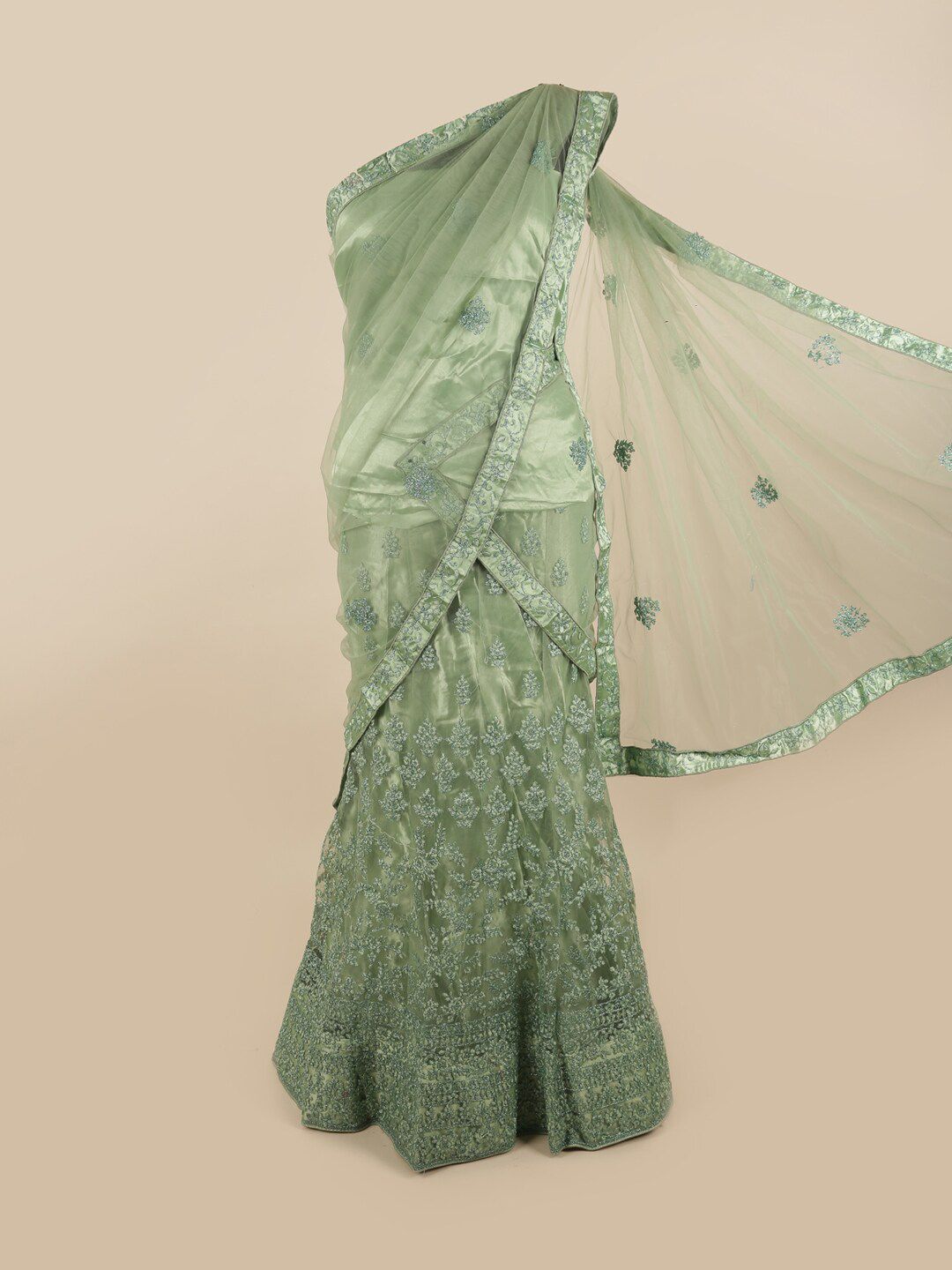 Pothys Green & Silver-Toned Embellished Unstitched Lehenga & Blouse With Dupatta Price in India