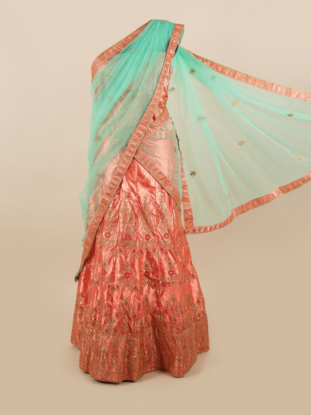 Pothys Blue & Peach-Coloured Embroidered Unstitched Net Lehenga & Blouse With Dhavani Price in India