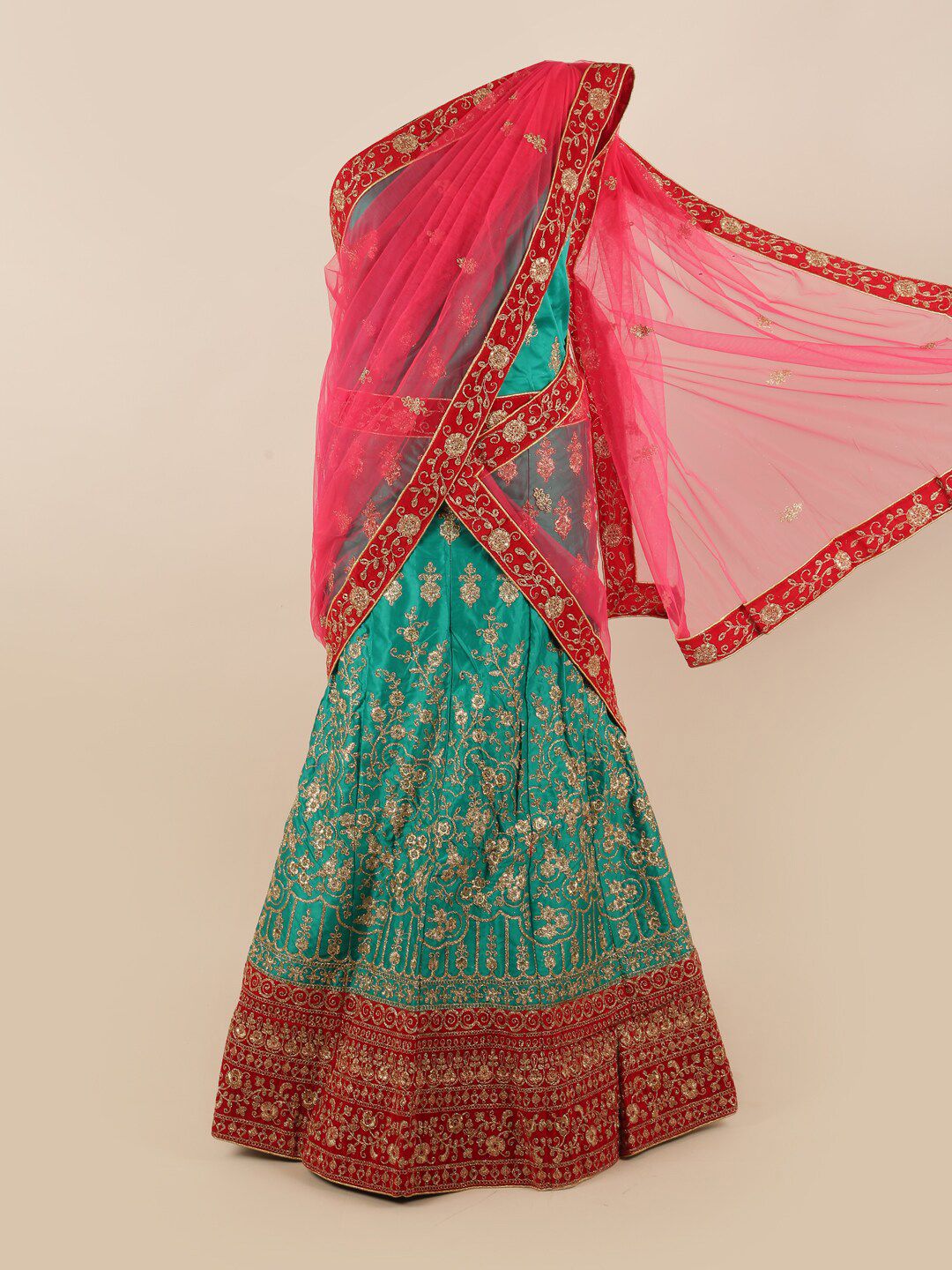 Pothys Pink & Green Embroidered Unstitched Lehenga & Blouse With Dupatta Price in India