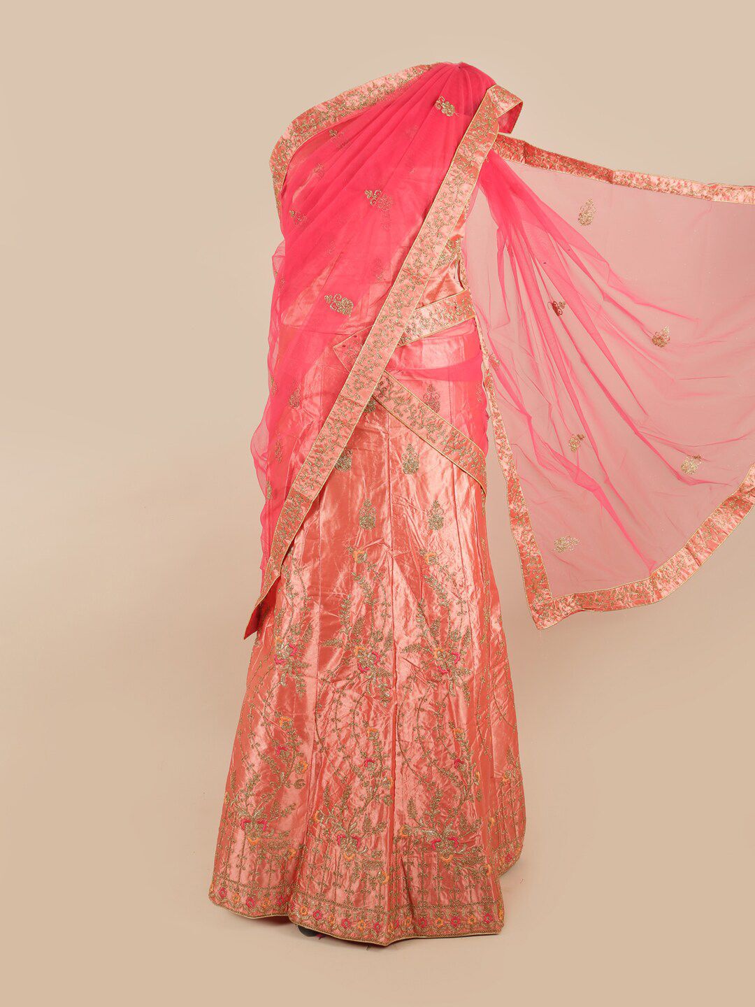 Pothys Pink & Gold-Toned Embroidered Unstitched Lehenga & Blouse With Dhavani Price in India