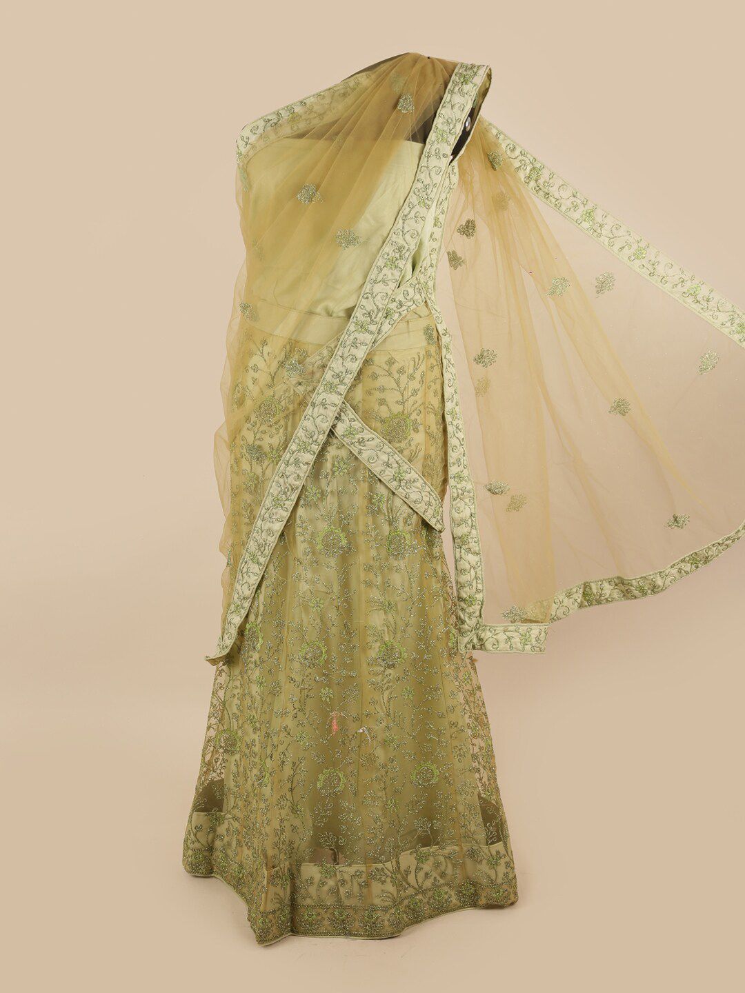 Pothys Green & Silver-Toned Embroidered Unstitched Lehenga & Blouse With Dupatta Price in India