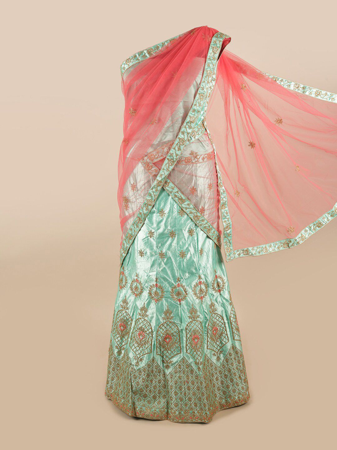 Pothys Sea Green & Pink Embroidered Unstitched Lehenga & Blouse With Dupatta Price in India