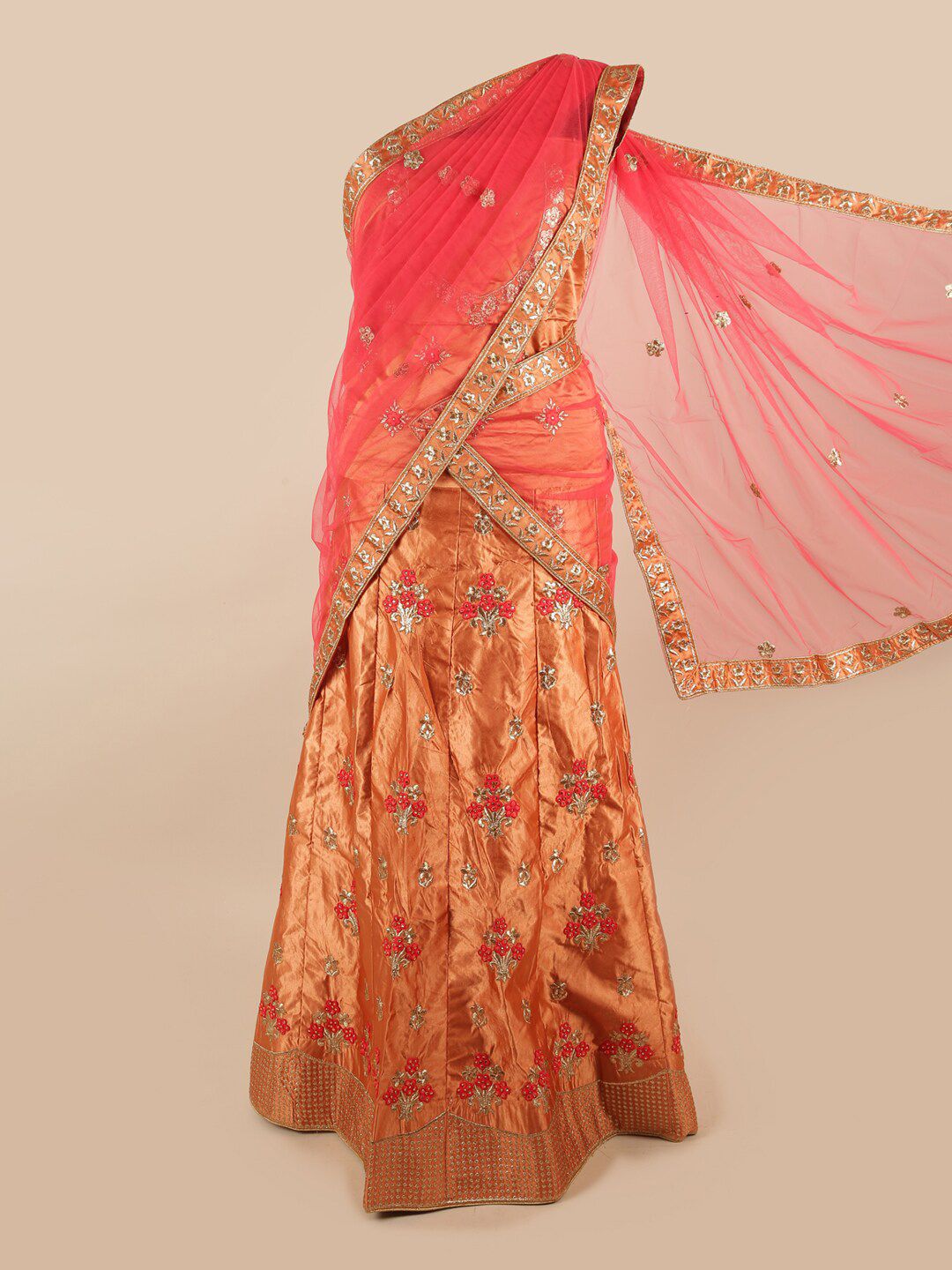 Pothys Pink & Orange Embellished Unstitched Lehenga & Blouse With Dupatta Price in India