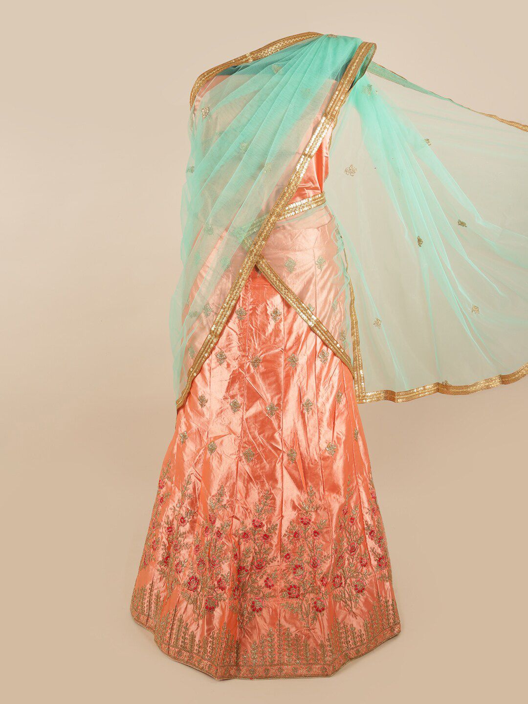 Pothys Turquoise Blue & Peach-Coloured Embroidered Unstitched Lehenga & Blouse With Dupatta Price in India