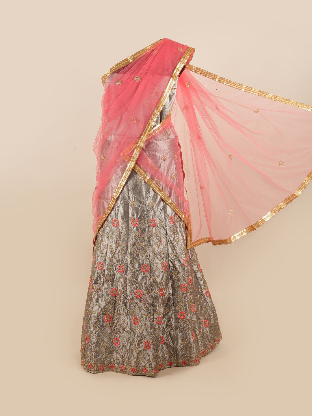 Pothys Pink & Grey Embellished Unstitched Lehenga & Blouse With Dupatta Price in India