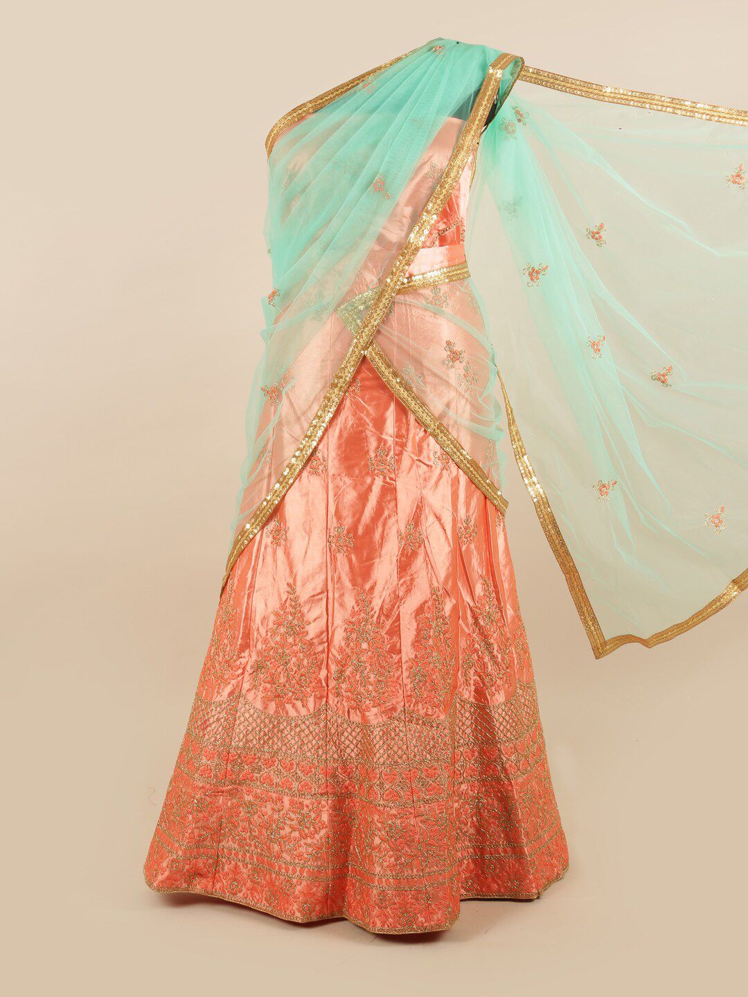 Pothys Green & Orange Embroidered Unstitched Lehenga & Blouse With Dupatta Price in India