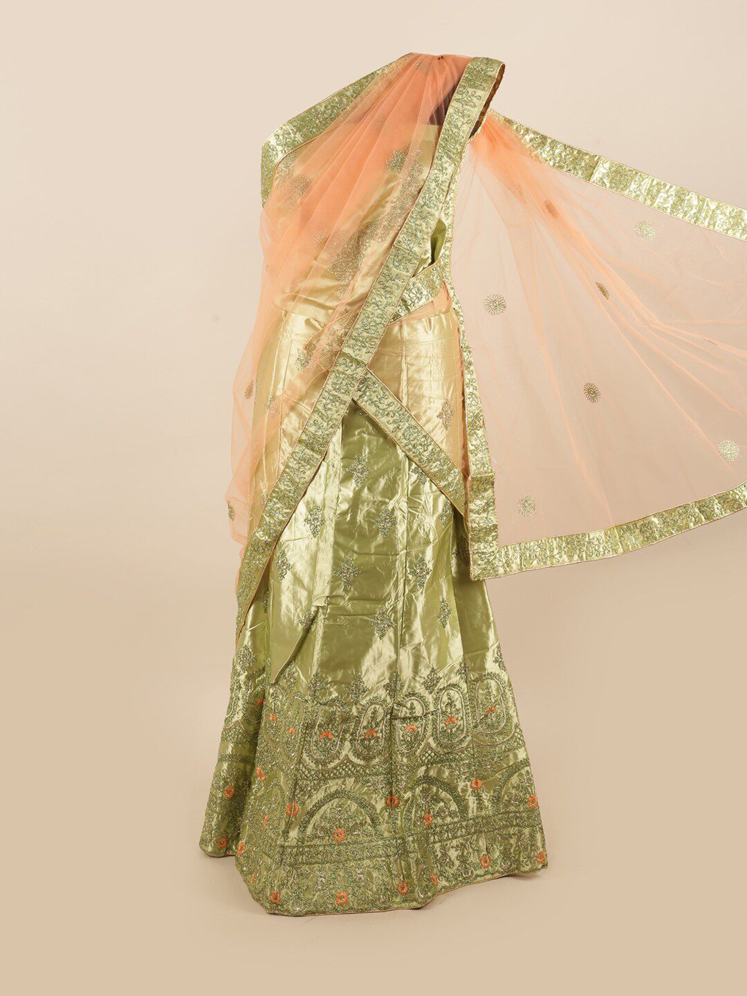 Pothys Green & Peach-Coloured Embroidered Zardozi Unstitched Lehenga & Blouse With Dupatta Price in India