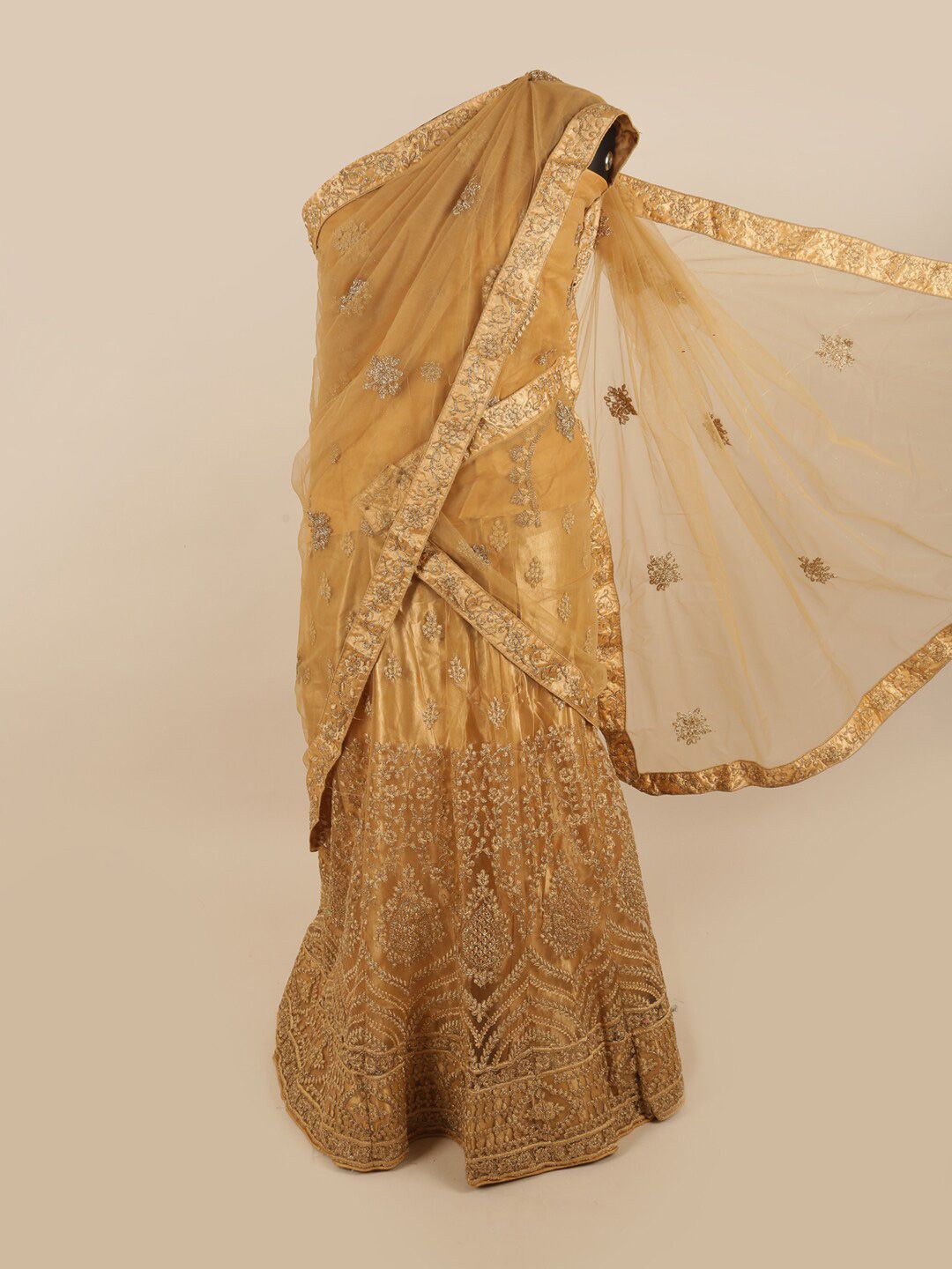 Pothys Gold-Toned Embroidered Unstitched Lehenga & Blouse With Dupatta Price in India