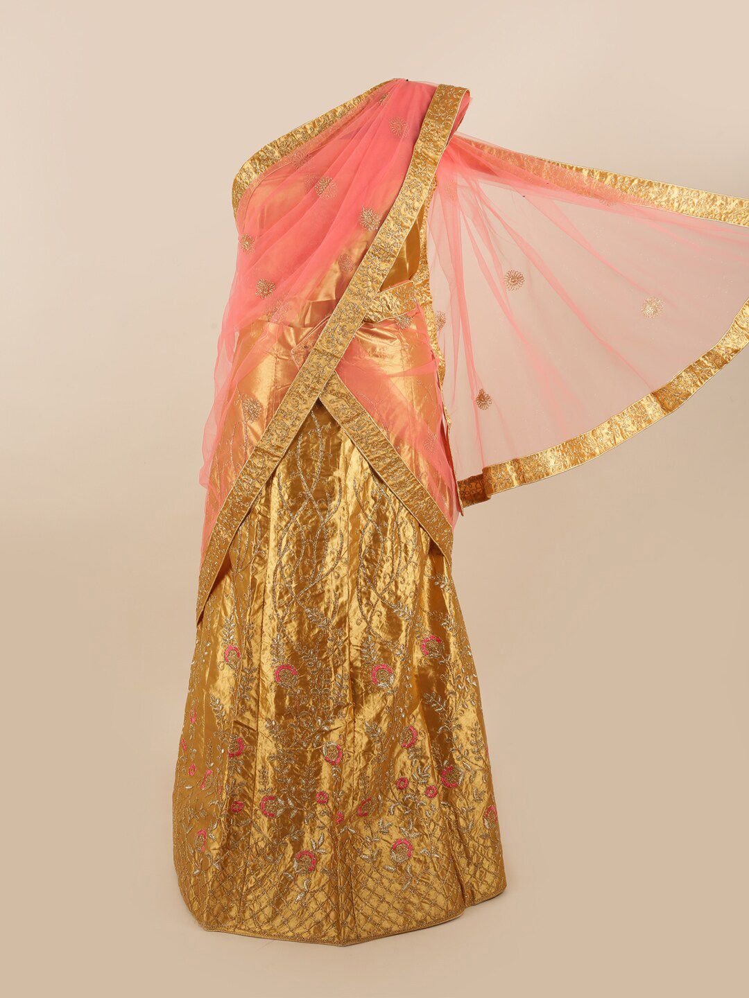 Pothys Pink & Yellow Embroidered Unstitched Lehenga & Blouse With Dupatta Price in India