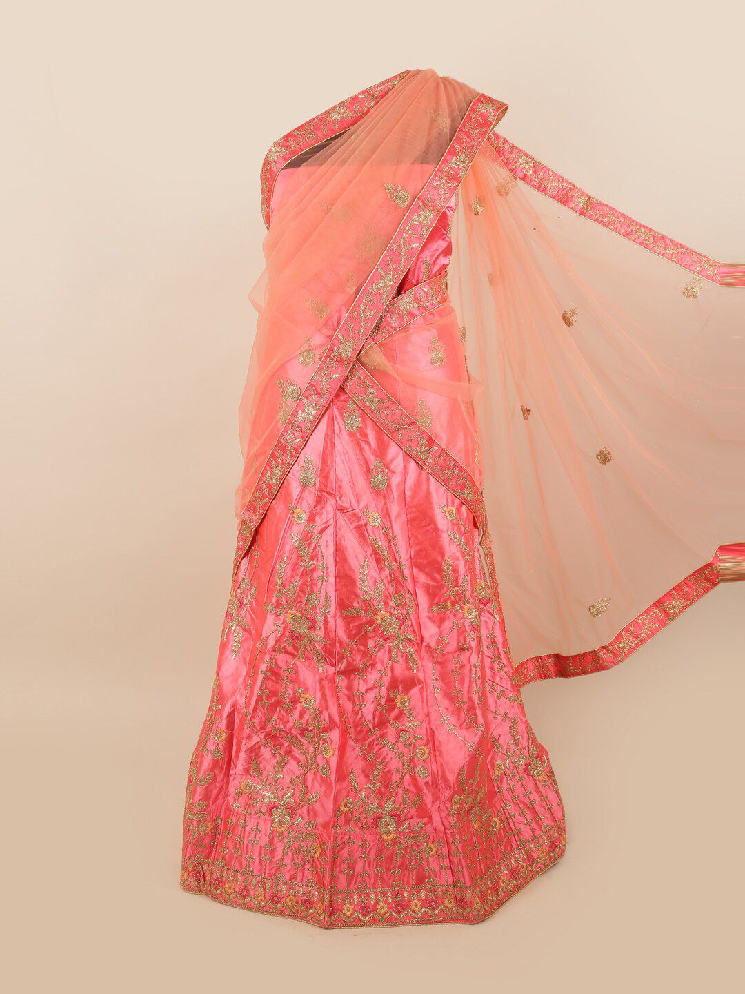 Pothys Peach-Coloured & Silver-Toned Embellished Unstitched Lehenga & Blouse With Dupatta Price in India