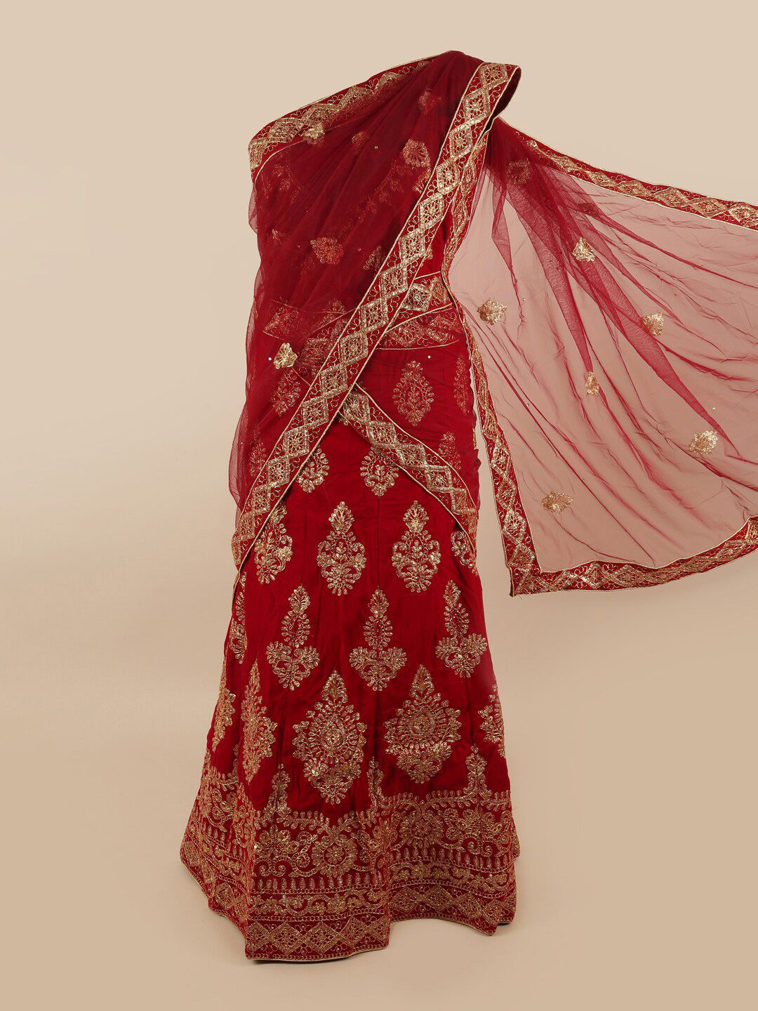 Pothys Maroon & Gold-Toned Embroidered Unstitched Lehenga & Blouse With Dupatta Price in India