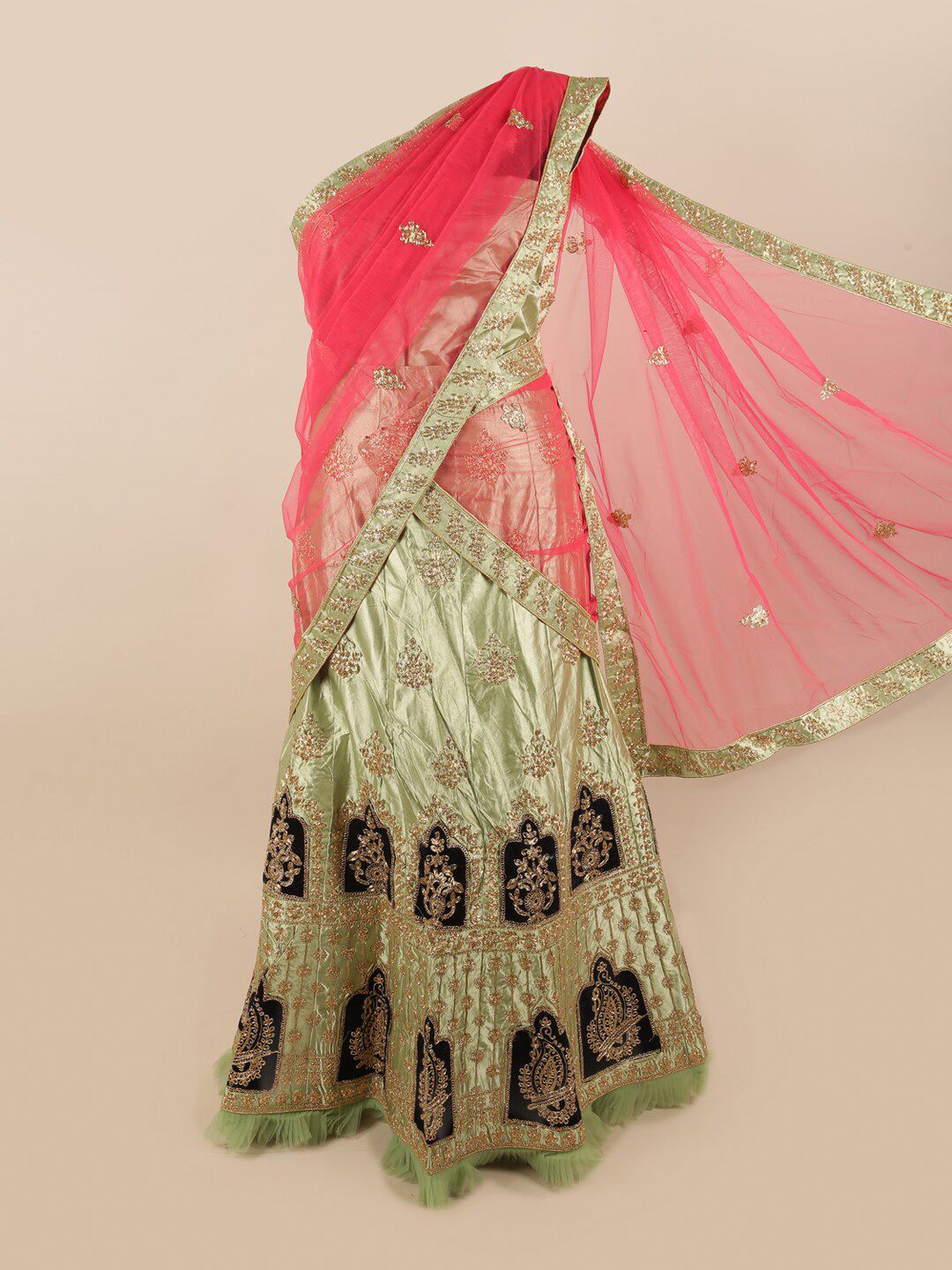 Pothys Green & Pink Embroidered Unstitched Lehenga & Blouse With Dupatta Price in India