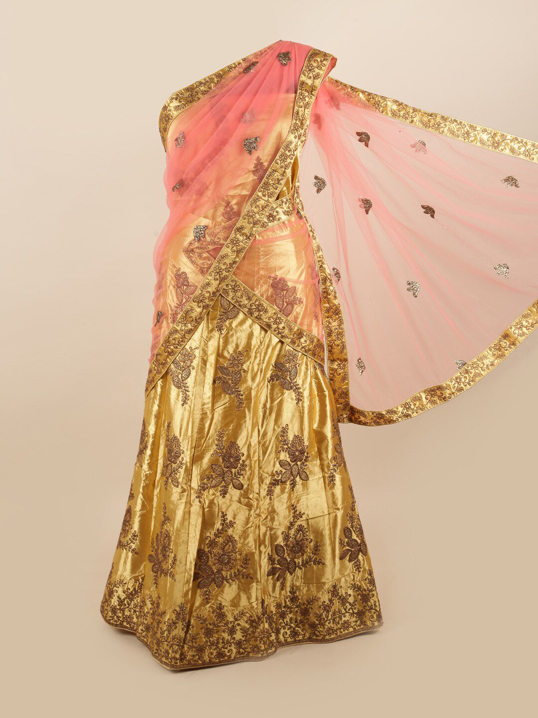 Pothys Pink & Gold-Toned Embroidered Unstitched Lehenga & Blouse With Dupatta Price in India