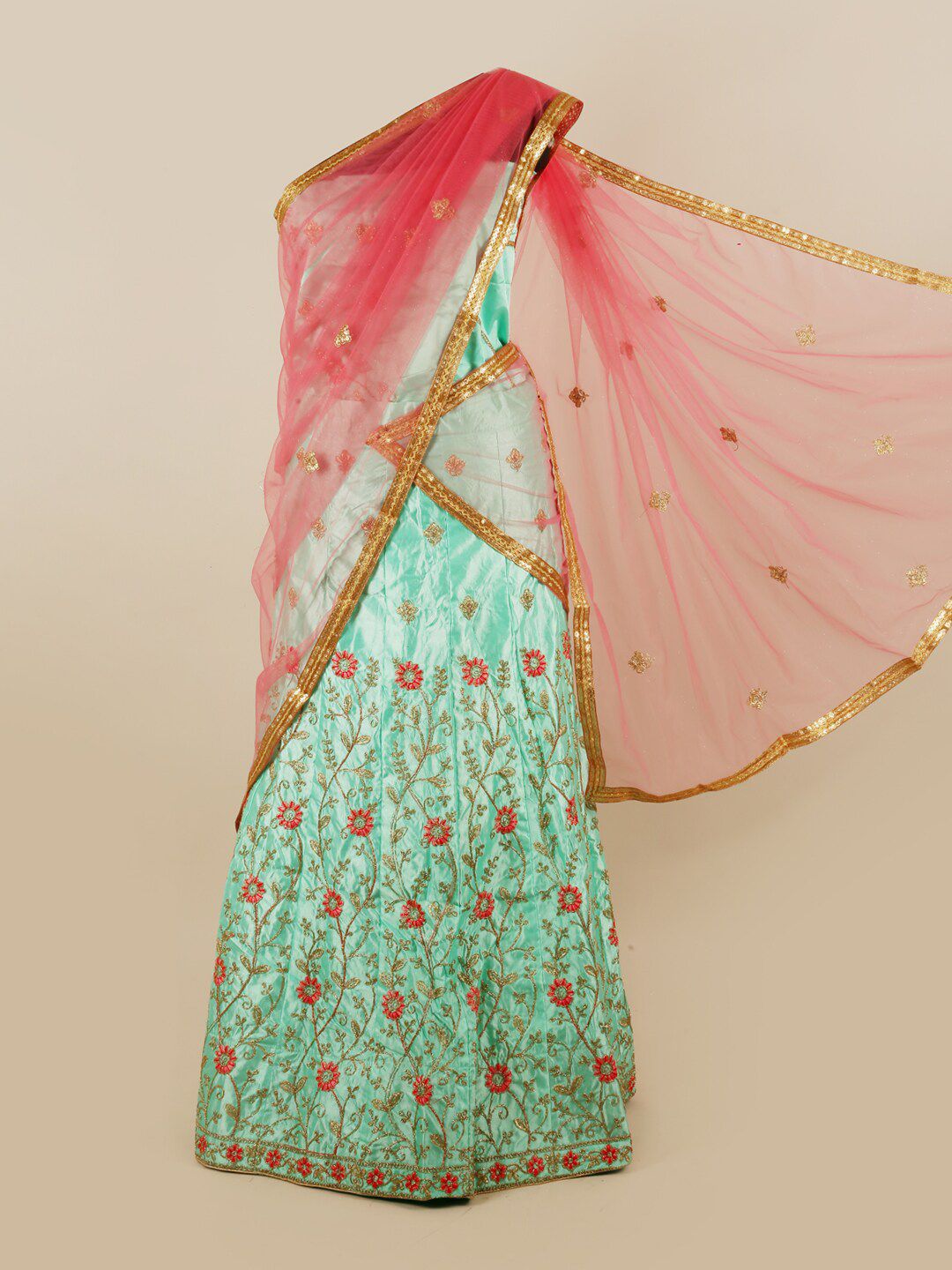 Pothys Women Pink & Blue Embroidered Unstitched Lehenga Choli With Dupatta Price in India