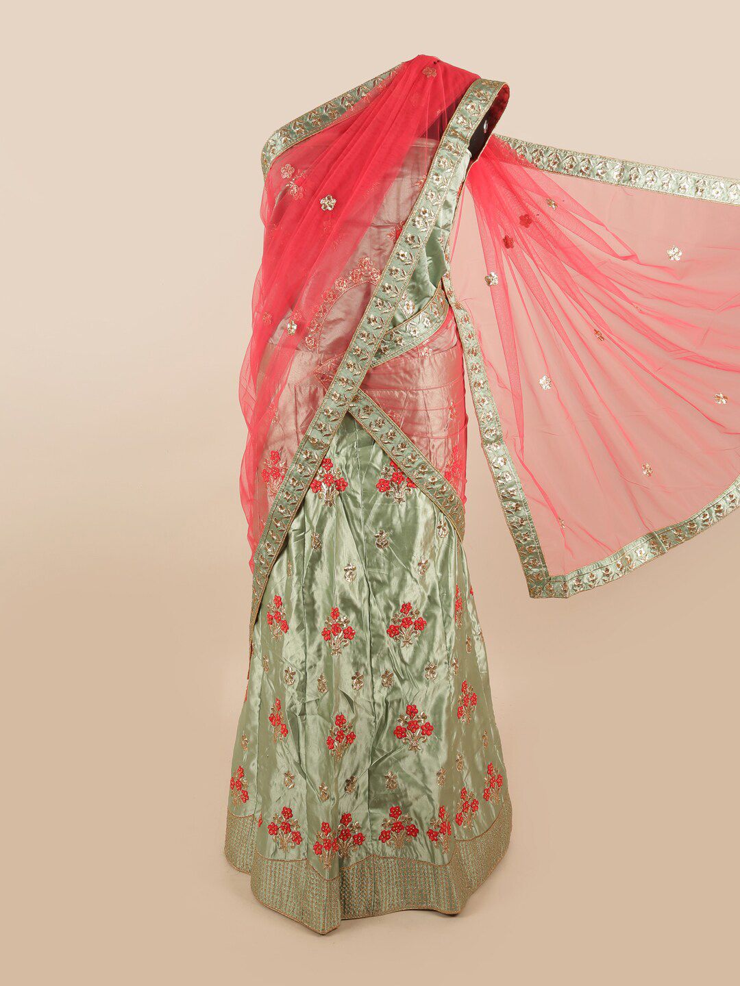 Pothys Woman Pink & Green Embellished Unstitched Lehenga & Blouse With Dupatta Price in India