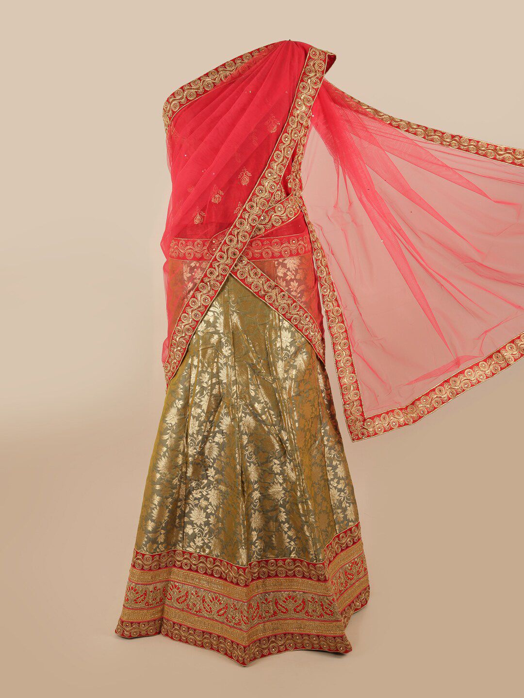 Pothys Pink & Gold-Toned Embroidered Unstitched Lehenga & Blouse With Dupatta Price in India