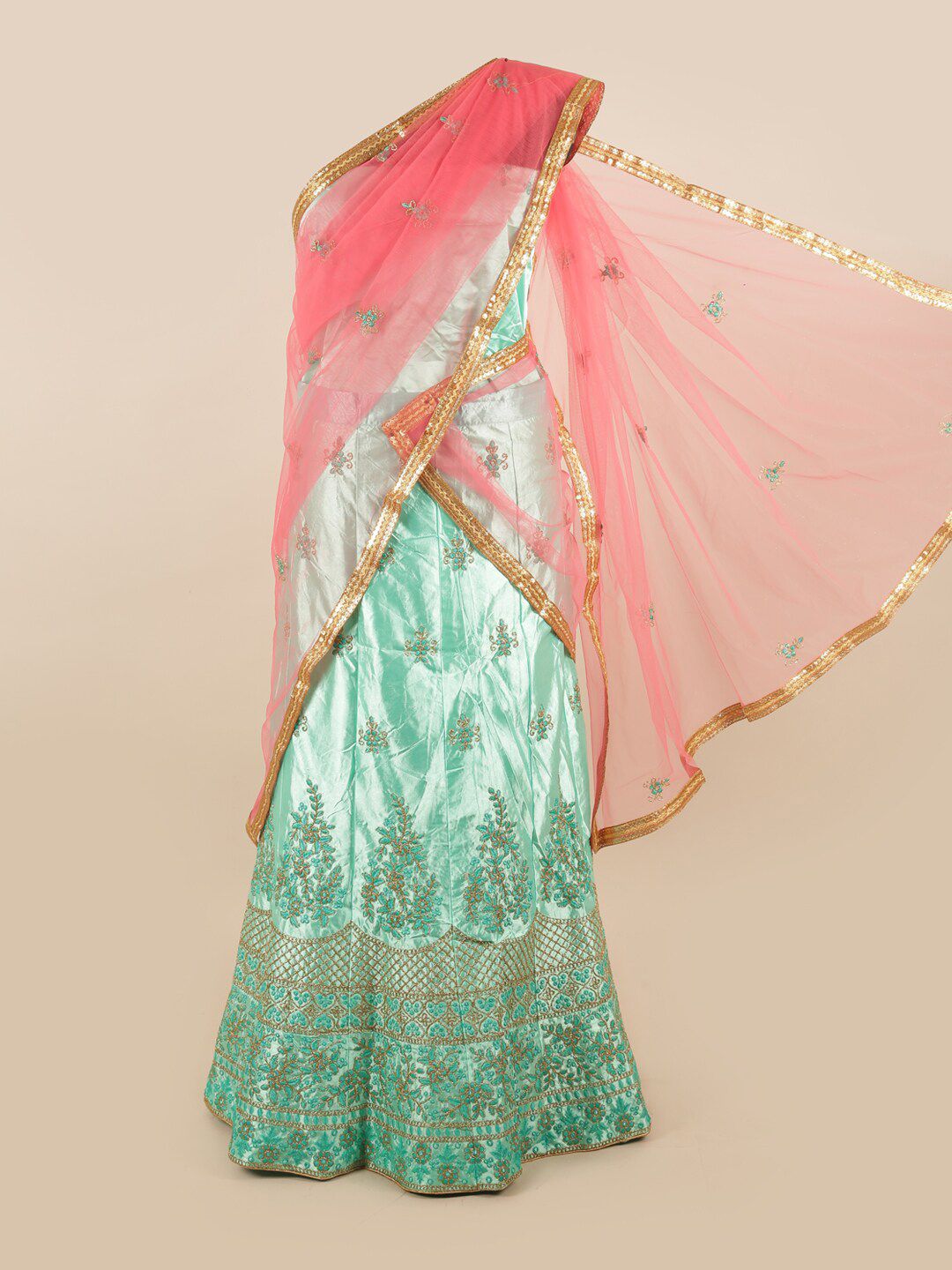 Pothys Pink & Blue Embroidered Unstitched Lehenga & Blouse With Dupatta Price in India