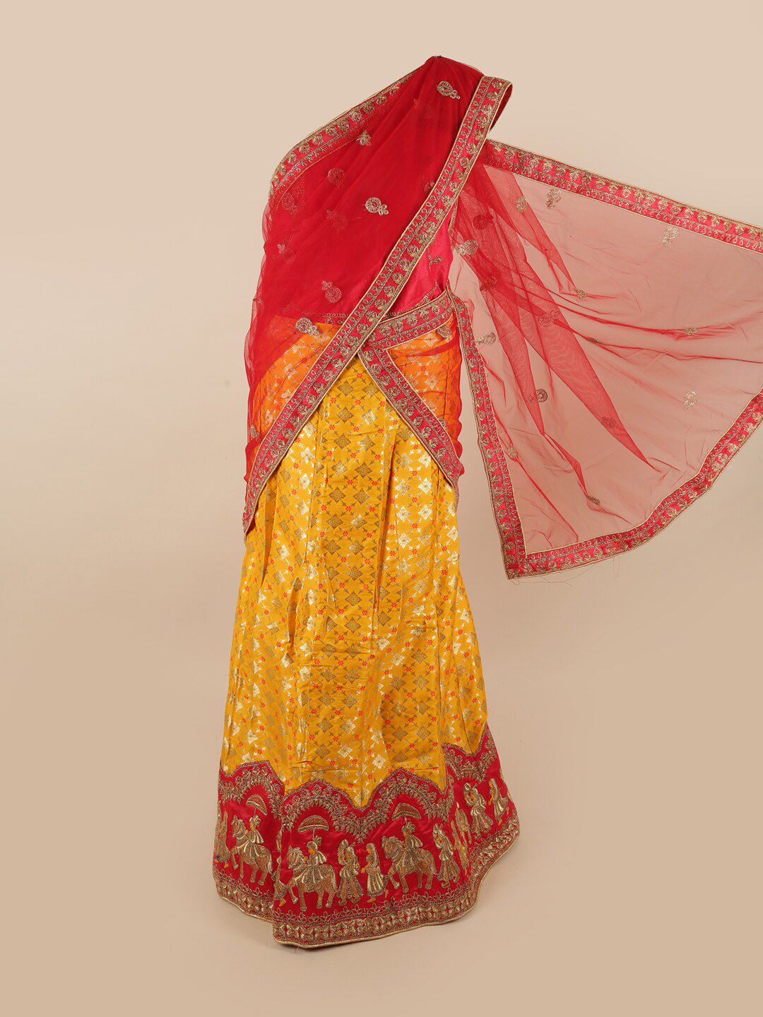 Pothys Red & Yellow Embroidered Unstitched Lehenga & Blouse With Dupatta Price in India