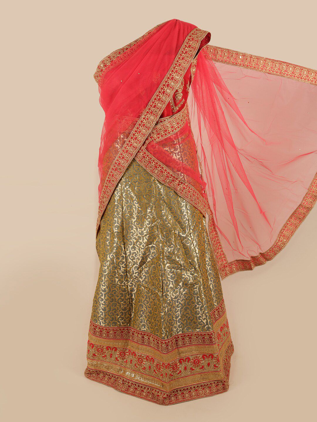 Pothys Pink & Green Unstitched Lehenga & Blouse With Dupatta Price in India