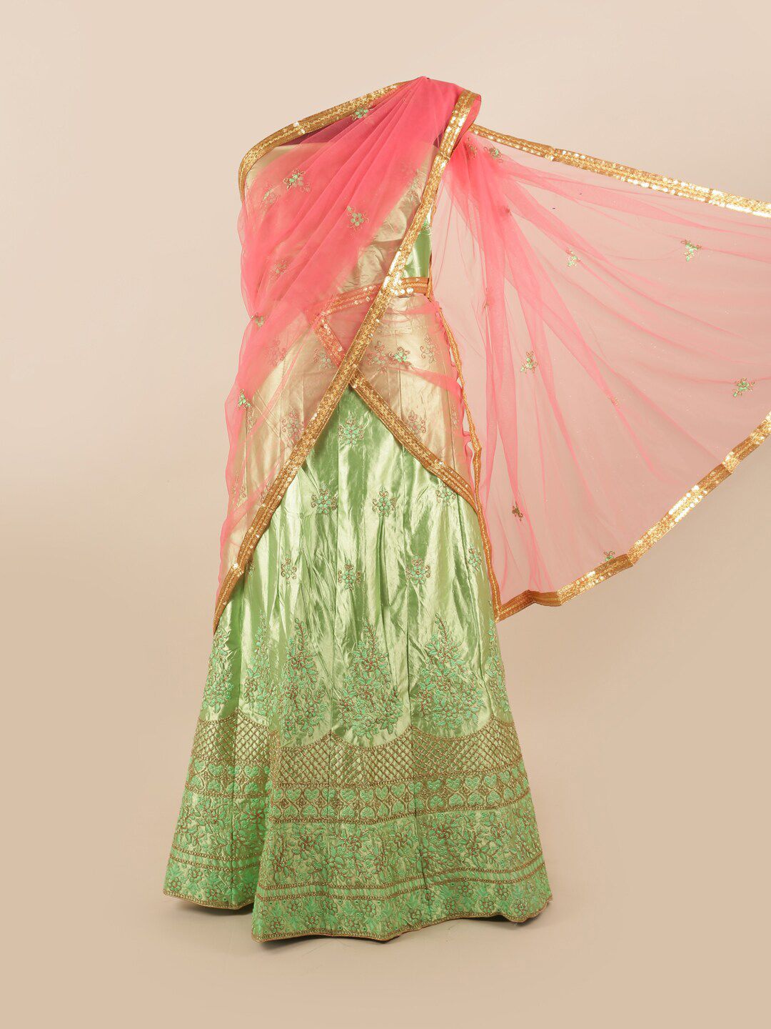 Pothys Green & Pink Embroidered Unstitched Lehenga & Blouse With Dupatta Price in India