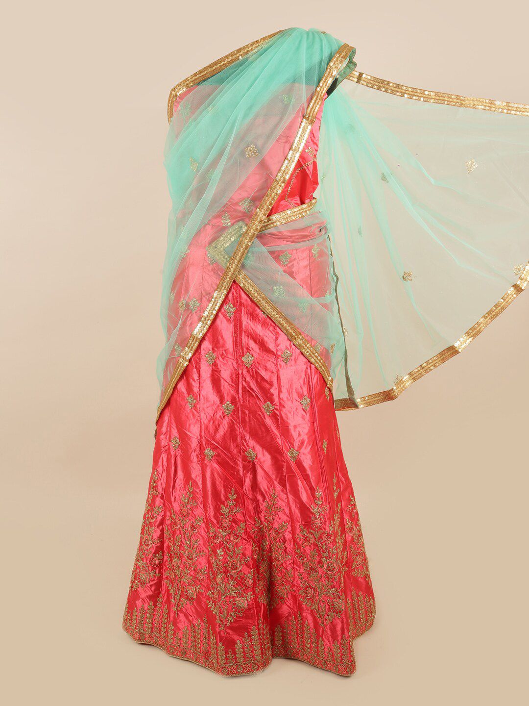 Pothys Green & Pink Embroidered Unstitched Lehenga & Blouse With Dupatta Price in India