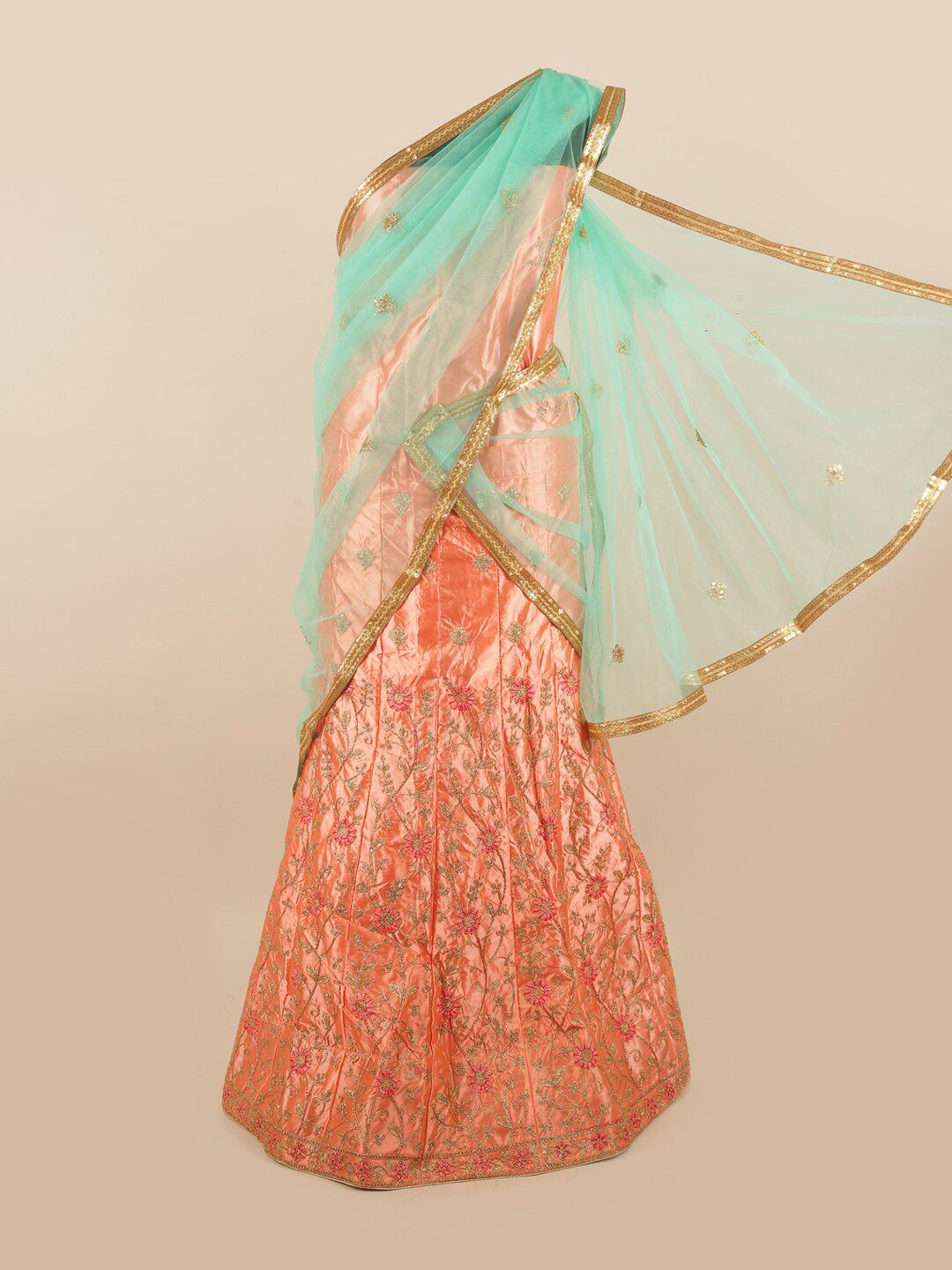 Pothys Green & Peach-Coloured Embroidered Unstitched Lehenga & Blouse With Dupatta Price in India