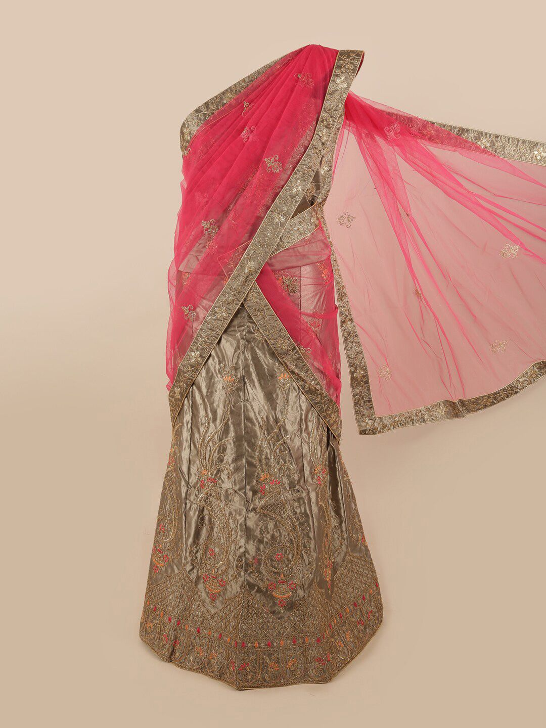 Pothys Pink & Beige Embellished Unstitched Lehenga & Blouse With Dupatta Price in India