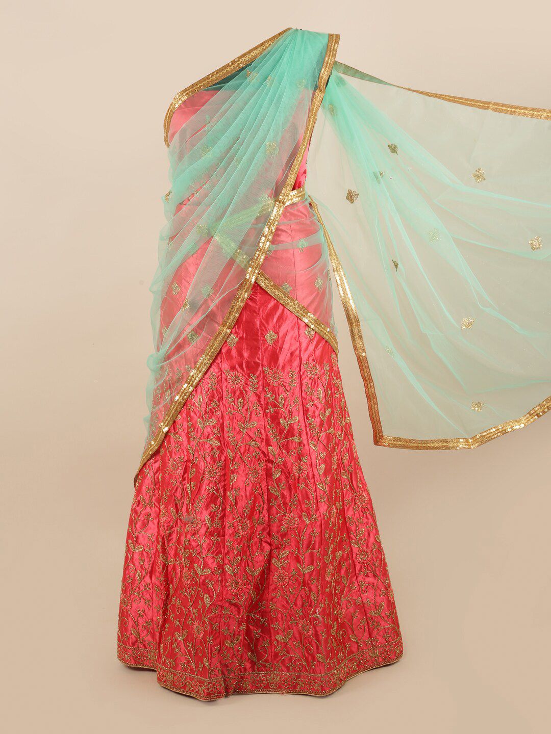 Pothys Pink & Blue Embroidered Thread Work Unstitched Lehenga & Blouse With Dupatta Price in India