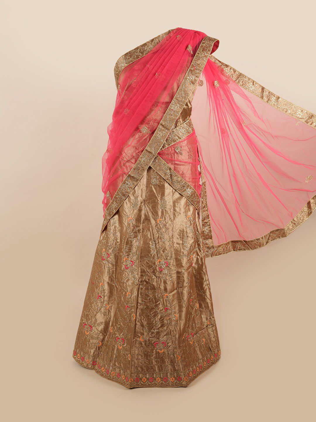 Pothys Pink & Gold-Toned Embroidered Thread Work Unstitched Lehenga & Blouse With Dupatta Price in India