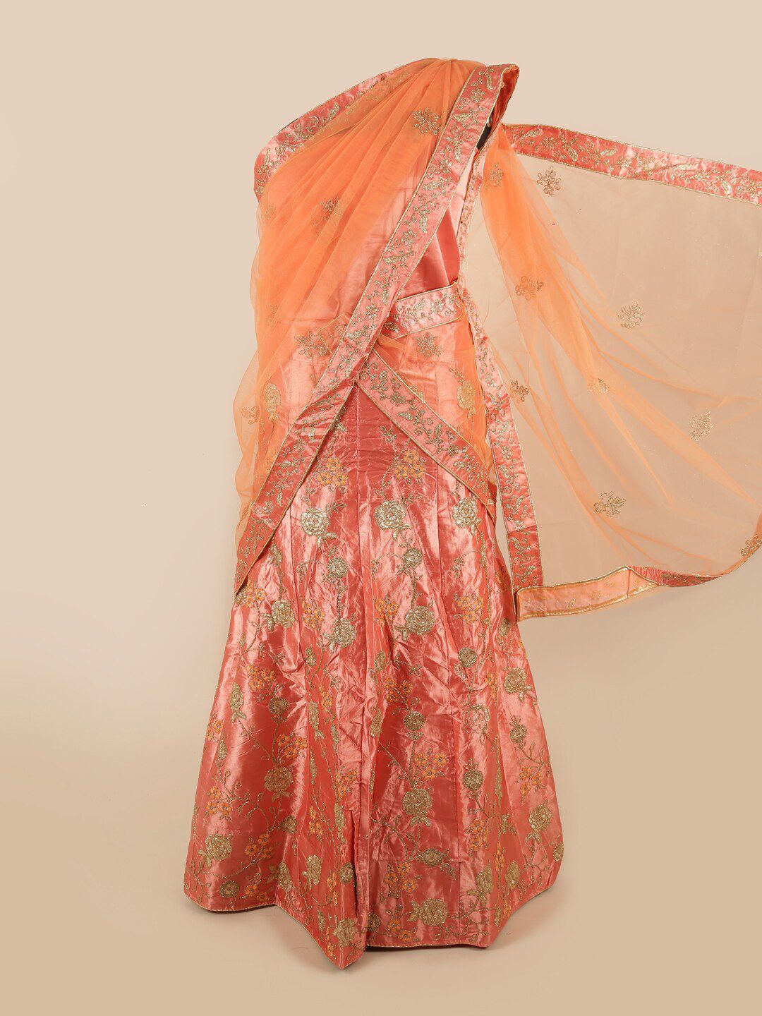 Pothys Orange & Peach-Coloured Embroidered Unstitched Lehenga & Blouse With Dupatta Price in India