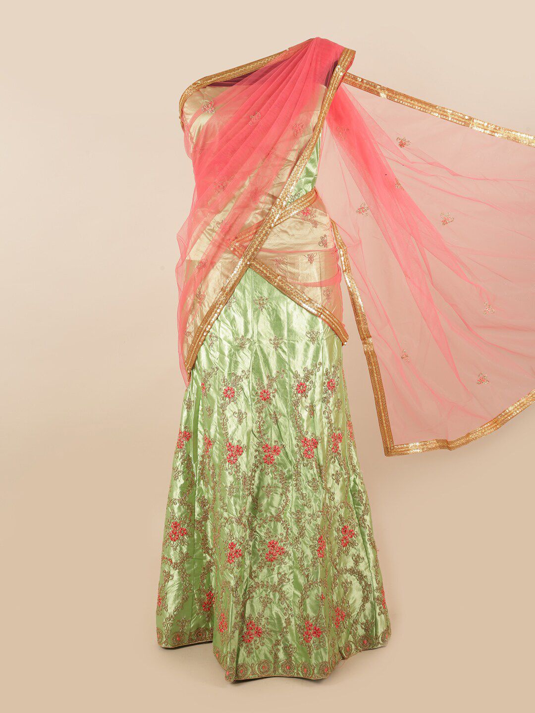 Pothys Pink & Green Embroidered Unstitched Lehenga & Blouse With Dupatta Price in India