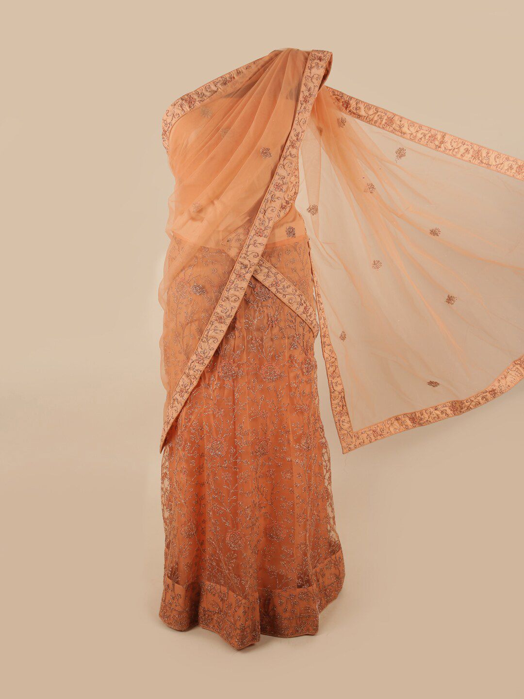 Pothys Peach-Coloured Embroidered Unstitched Lehenga & Blouse With Dupatta Price in India