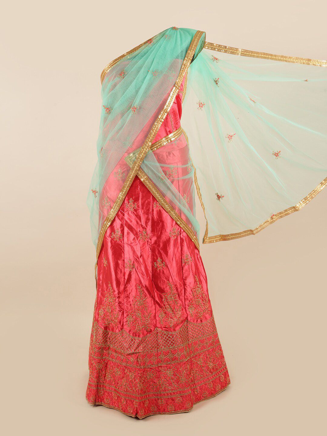 Pothys Green & Pink Embroidered Unstitched Lehenga & Blouse With Dupatta Price in India