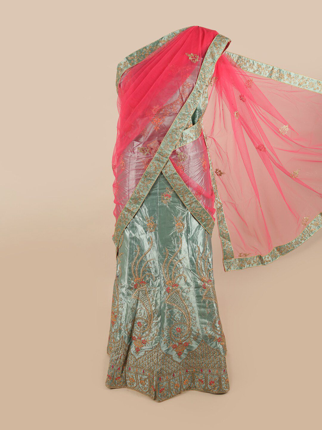 Pothys Pink & Green Embroidered Unstitched Lehenga & Blouse With Dupatta Price in India