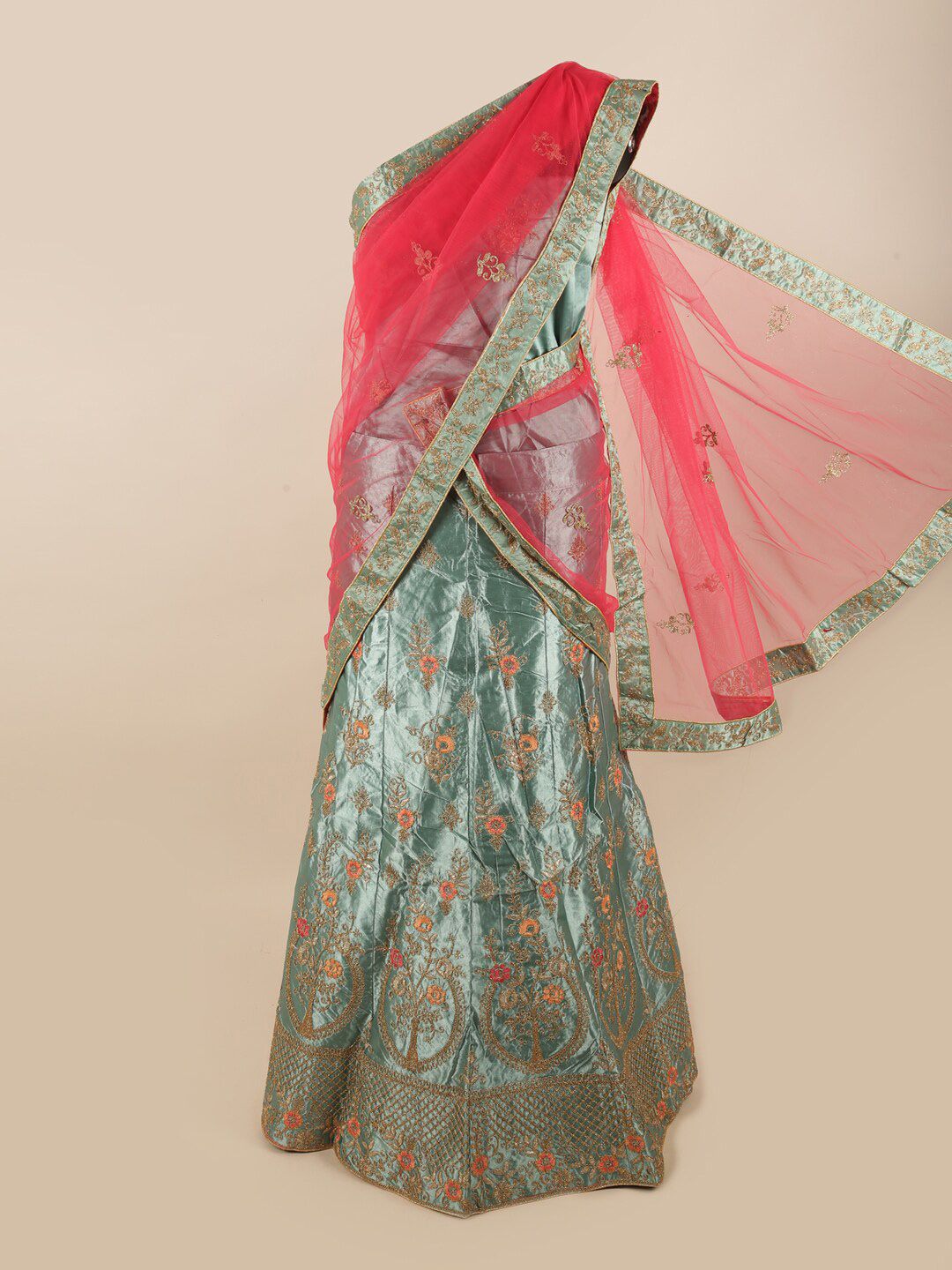 Pothys Pink & Green Embroidered Unstitched Lehenga & Blouse With Dupatta Price in India