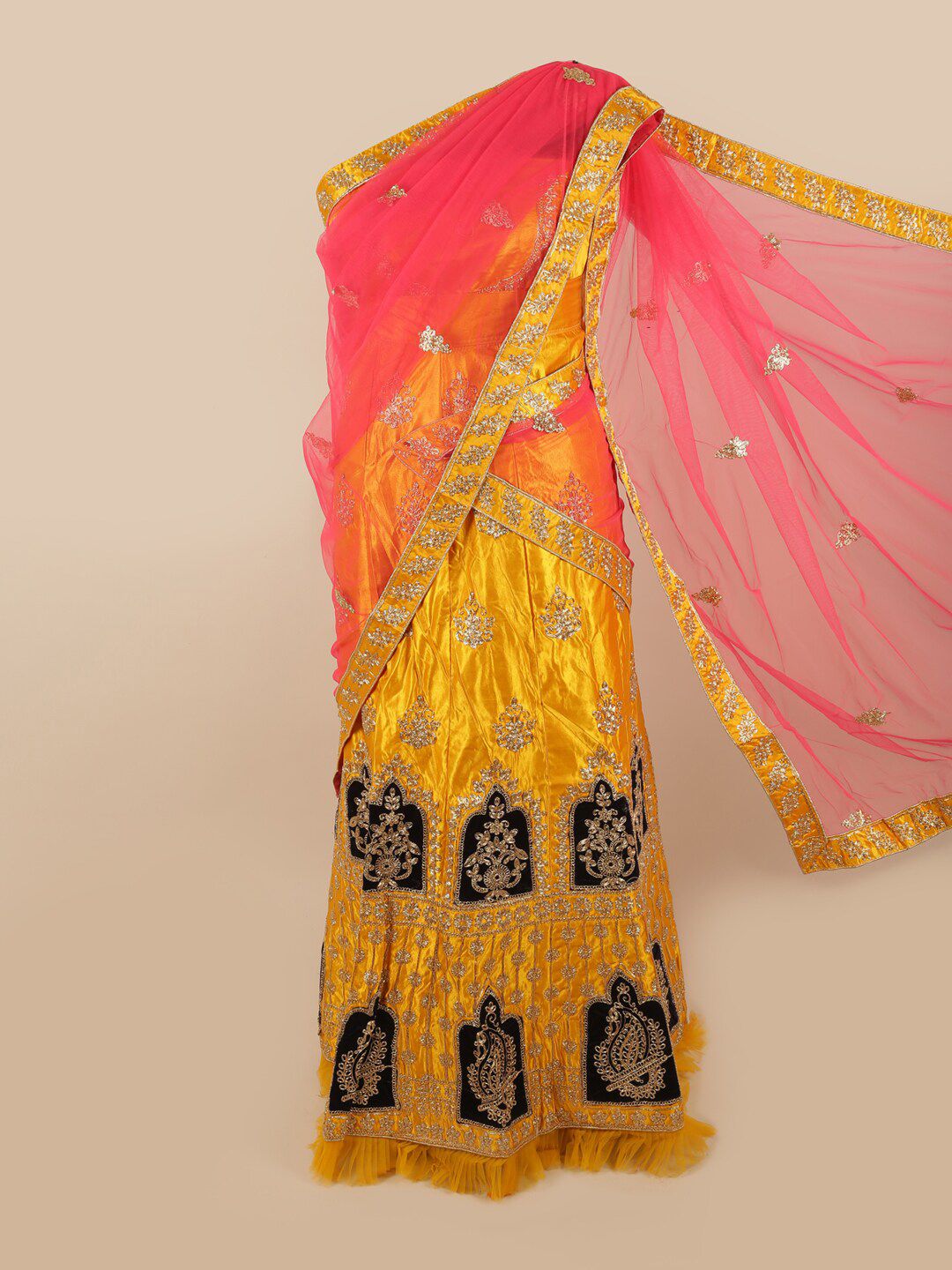 Pothys Pink & Yellow Embroidered Unstitched Lehenga & Blouse With Dupatta Price in India