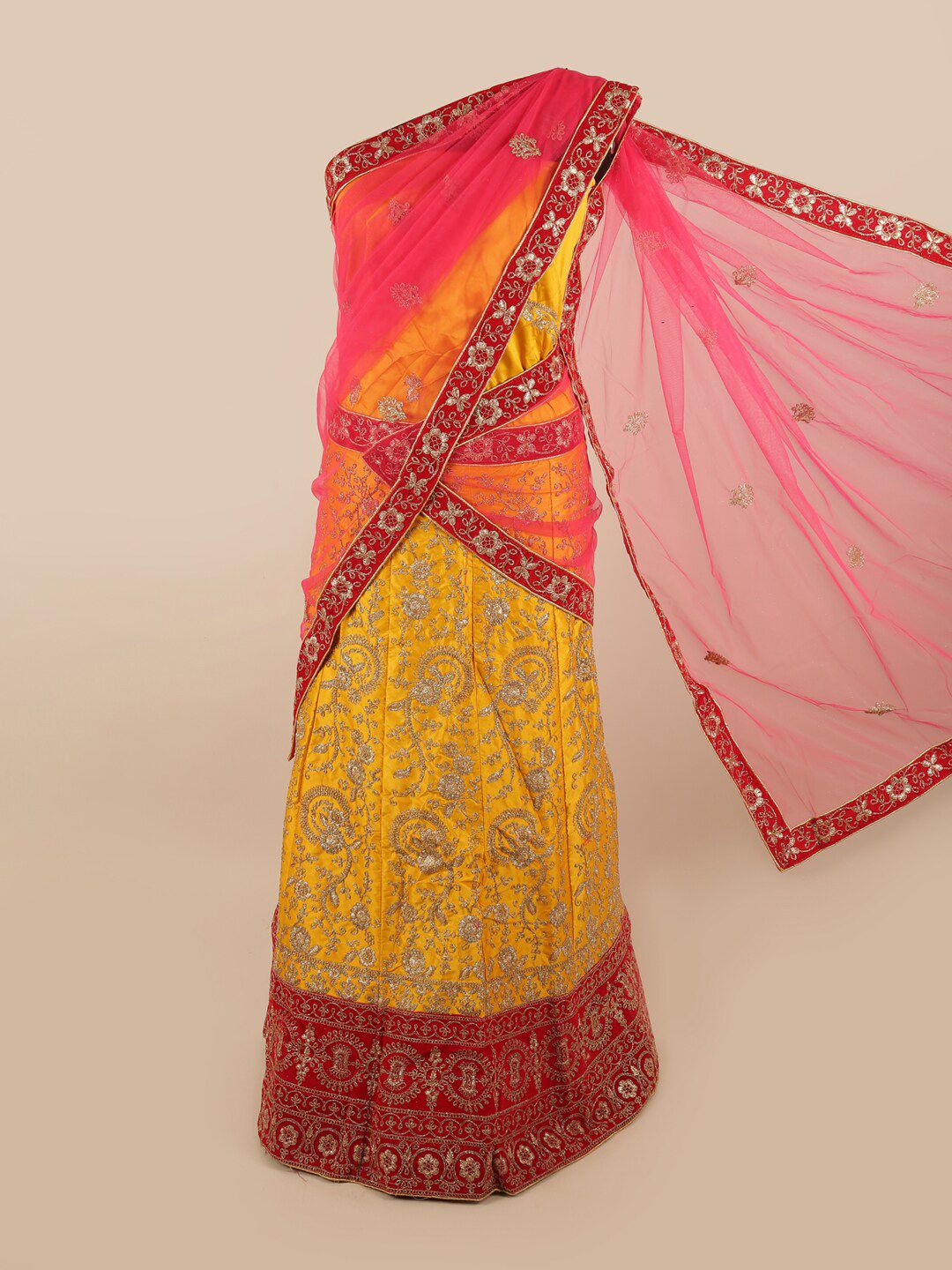 Pothys Pink & Yellow Embroidered Unstitched Net Lehenga & Blouse With Dhavani Price in India