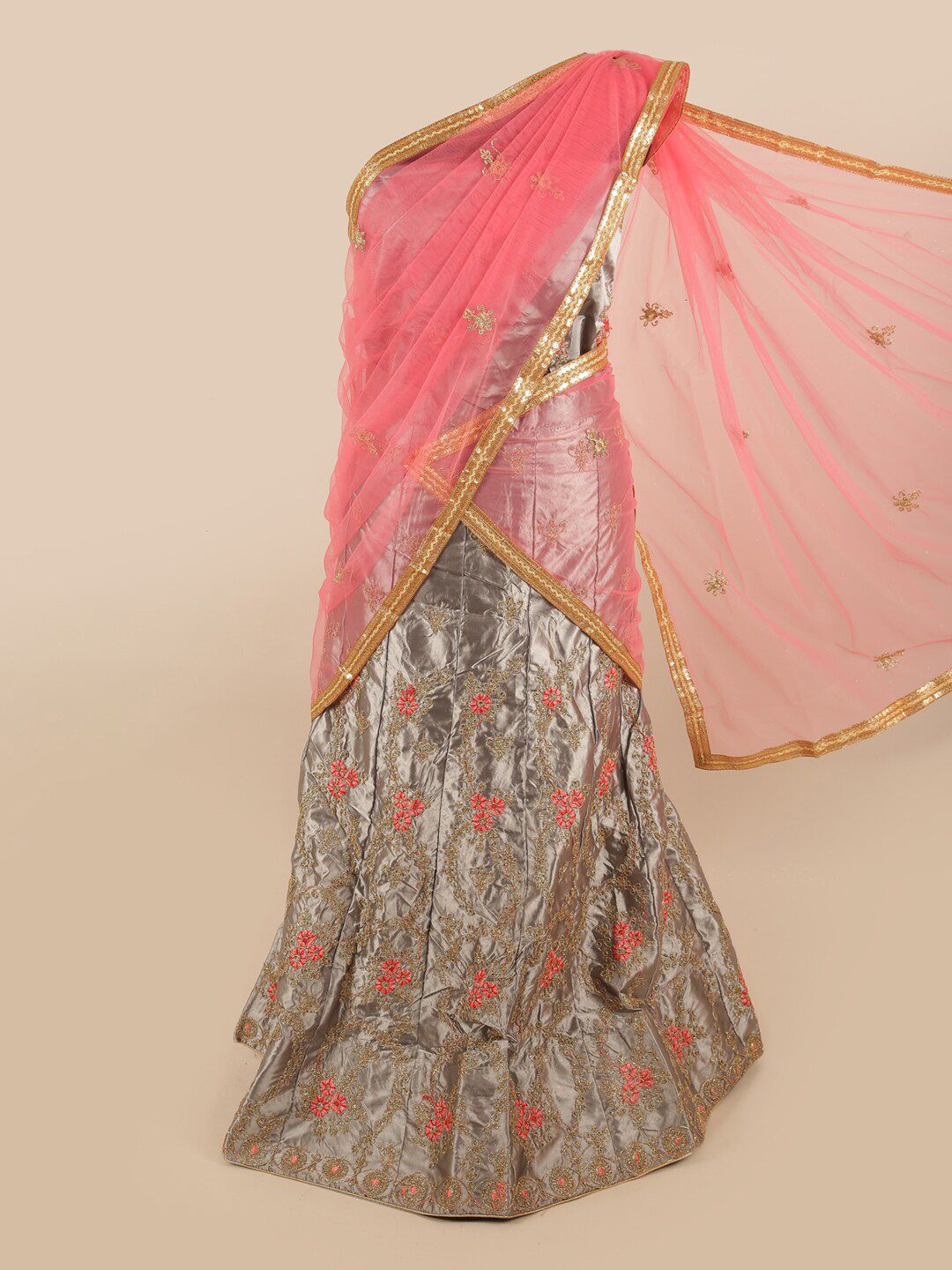 Pothys Grey & Pink Embroidered Unstitched Lehenga & Blouse With Dupatta Price in India