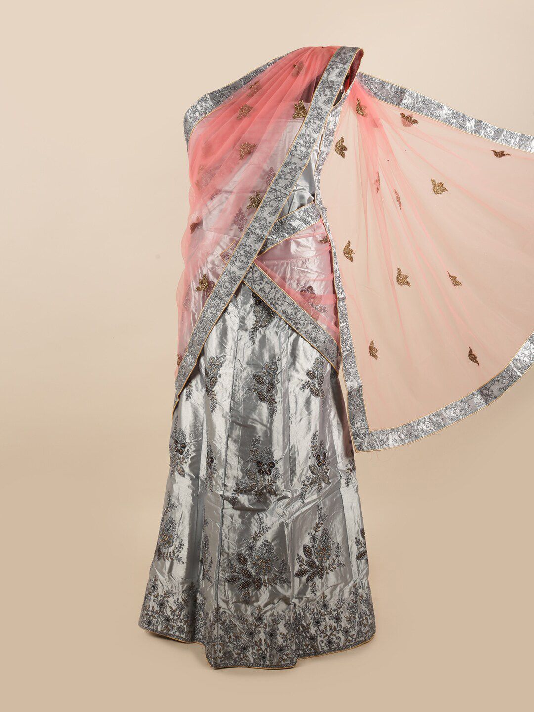 Pothys Pink & Grey Embroidered Unstitched Lehenga & Blouse With Dupatta Price in India