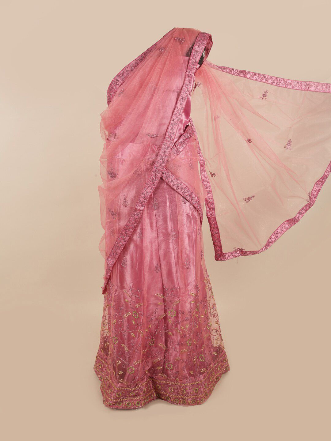 Pothys Pink & Gold-Toned Embroidered Zardozi Unstitched Lehenga & Blouse With Dupatta Price in India