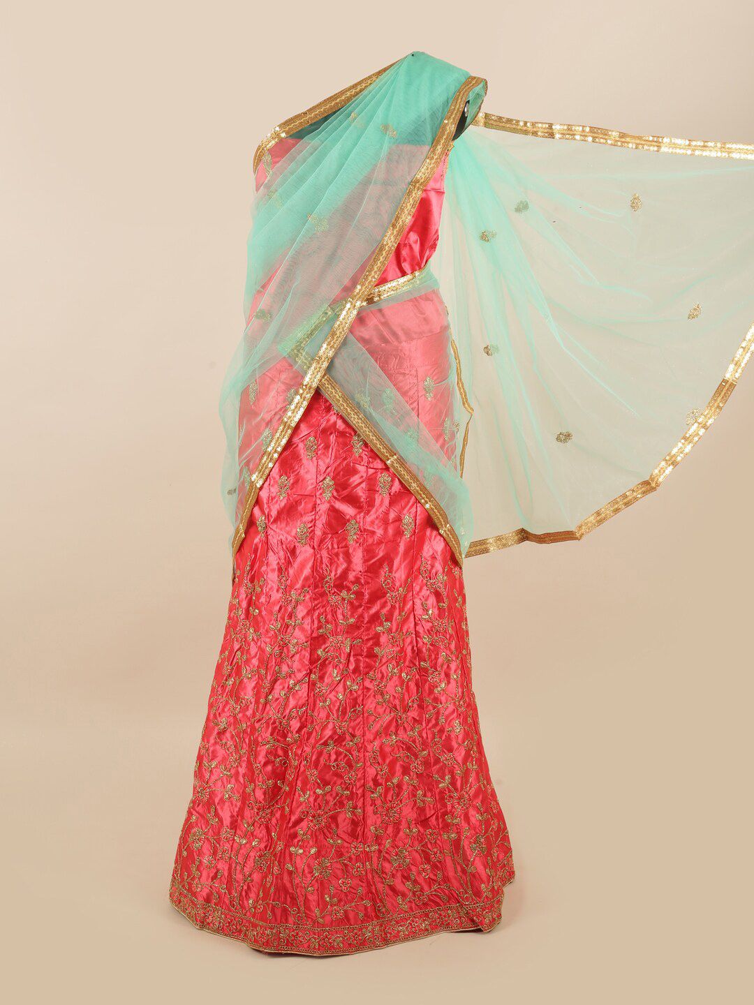 Pothys Blue & Pink Embellished Unstitched Lehenga & Blouse With Dupatta Price in India