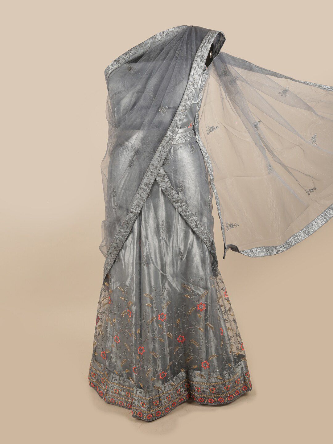 Pothys Grey Embroidered Unstitched Lehenga & Blouse With Dupatta Price in India