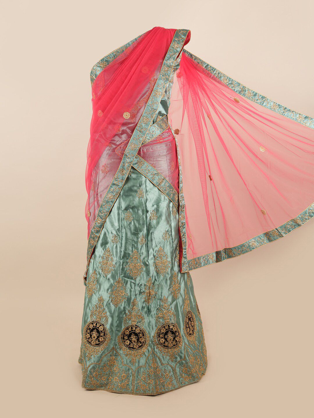 Pothys Pink & Green Embellished Unstitched Lehenga & Blouse With Dupatta Price in India