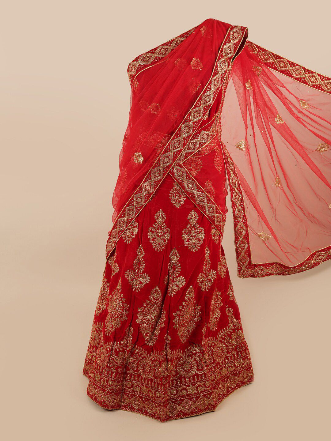 Pothys Red & Gold-Toned Embroidered Unstitched Lehenga & Blouse With Dhavani Price in India